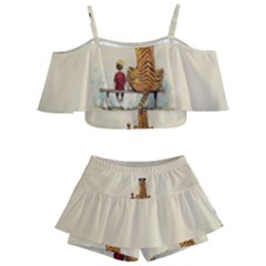 Tiger Sitting Beside Boy Painting Parody Cartoon Kids  Off Shoulder Skirt Bikini by Bakwanart