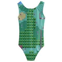Green Retro Games Pattern Kids  Cut-out Back One Piece Swimsuit by Bakwanart