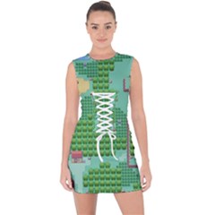 Green Retro Games Pattern Lace Up Front Bodycon Dress by Bakwanart