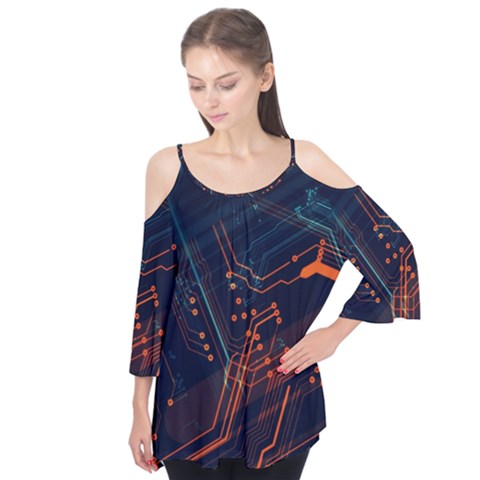 Abstract Colorful Circuit Flutter Sleeve Tee  by Bakwanart