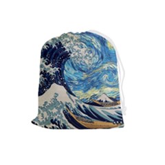 The Great Wave Of Kanagawa Painting Hokusai, Starry Night Vincent Van Gogh Drawstring Pouch (large) by Bakwanart