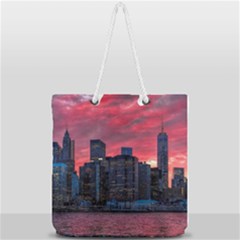 Skyline Sunset United States Reflection Usa,new York Manhattan Full Print Rope Handle Tote (large) by Bakwanart