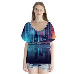 Digital Art Artwork Illustration Vector Buiding City V-neck Flutter Sleeve Top by 99art