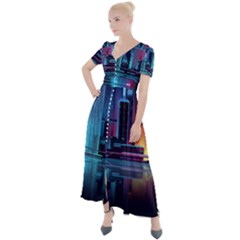 Digital Art Artwork Illustration Vector Buiding City Button Up Short Sleeve Maxi Dress by 99art