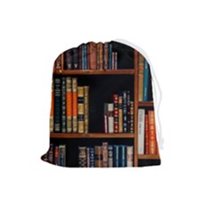 Assorted Title Of Books Piled In The Shelves Assorted Book Lot Inside The Wooden Shelf Drawstring Pouch (large) by 99art