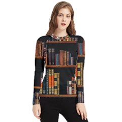 Assorted Title Of Books Piled In The Shelves Assorted Book Lot Inside The Wooden Shelf Women s Long Sleeve Rash Guard by 99art