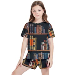 Assorted Title Of Books Piled In The Shelves Assorted Book Lot Inside The Wooden Shelf Kids  Tee And Sports Shorts Set by 99art