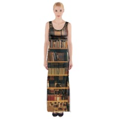 Books On Bookshelf Assorted Color Book Lot In Bookcase Library Thigh Split Maxi Dress by 99art