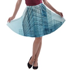 Architecture Blue Drawing Engineering City Modern Building Exterior A-line Skater Skirt by 99art