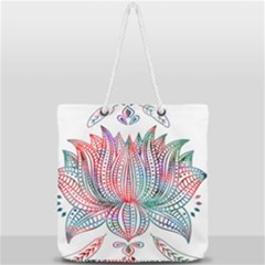 Lotus Feathers Boho Watercolor Full Print Rope Handle Tote (large) by 99art