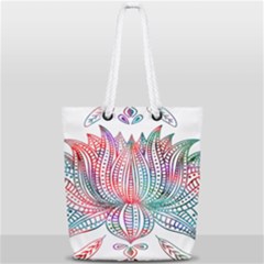 Lotus Feathers Boho Watercolor Full Print Rope Handle Tote (small) by 99art