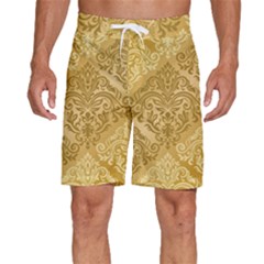 Damas Pattern Vector Texture Gold Ornament With Seamless Men s Beach Shorts by danenraven
