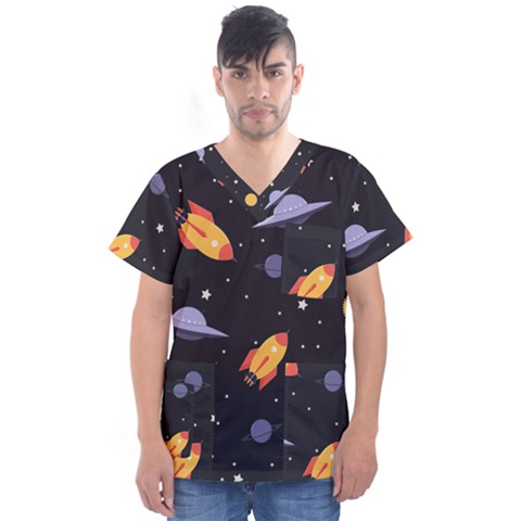 Cosmos Rockets Spaceships Ufos Men s V-neck Scrub Top by Cowasu