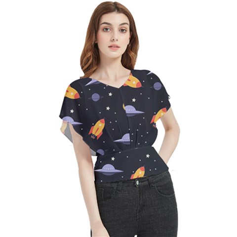 Cosmos Rockets Spaceships Ufos Butterfly Chiffon Blouse by Cowasu
