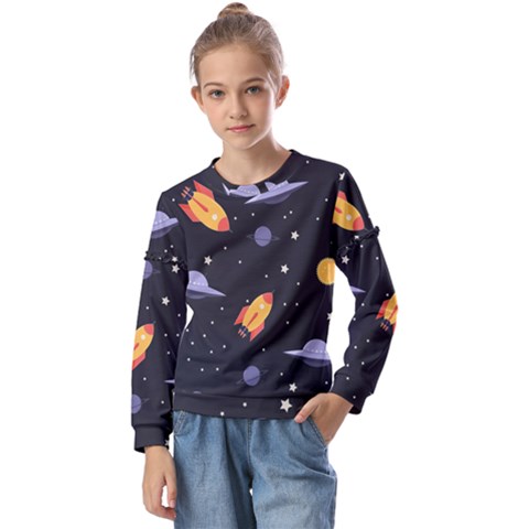 Cosmos Rockets Spaceships Ufos Kids  Long Sleeve Tee With Frill  by Cowasu