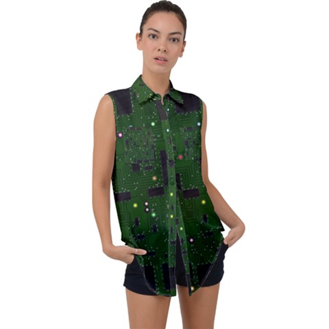 Circuit Board Conductor Tracks Sleeveless Chiffon Button Shirt by Cowasu