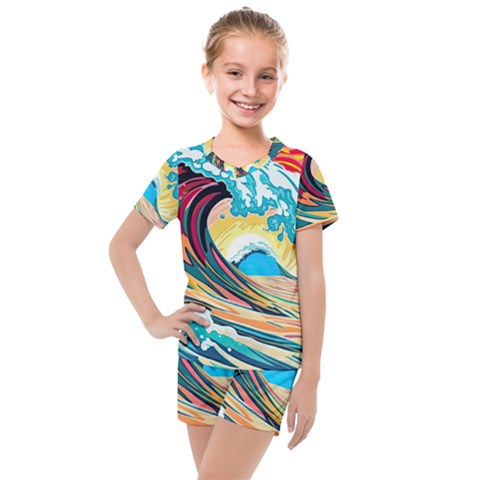 Ai Generated Waves Ocean Sea Tsunami Nautical Blue Sea (2) Kids  Mesh Tee And Shorts Set by Cowasu