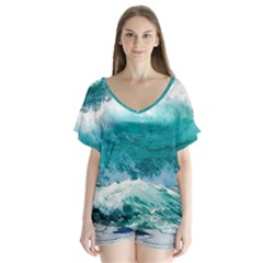 Ai Generated Waves Ocean Sea Tsunami Nautical Blue Sea V-neck Flutter Sleeve Top by Cowasu