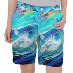 Tsunami Waves Ocean Sea Nautical Nature Water Painting Women s Pocket Shorts by Cowasu