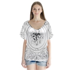 Vintage Design Line Art Frame Antique Old Retro V-neck Flutter Sleeve Top by Cowasu