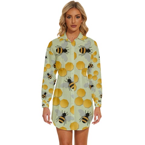 Honey Bee Bees Pattern Womens Long Sleeve Shirt Dress by Ndabl3x