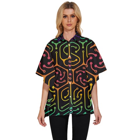 Circuit Hexagonal Geometric Pattern Background Pattern Women s Batwing Button Up Shirt by Wav3s