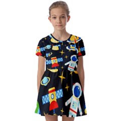 Space Seamless Pattern Kids  Short Sleeve Pinafore Style Dress by Wav3s