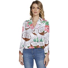 Seamless Pattern Coconut Piece Palm Leaves With Pink Hibiscus Women s Long Sleeve Revers Collar Cropped Jacket by Vaneshart