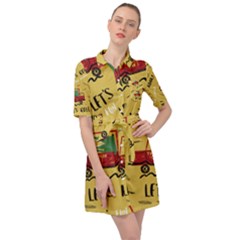 Childish-seamless-pattern-with-dino-driver Belted Shirt Dress by Vaneshart