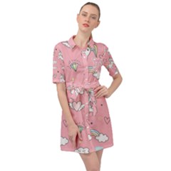 Cute-unicorn-seamless-pattern Belted Shirt Dress by Vaneshart