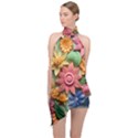 Flower Bloom Embossed Pattern Halter Asymmetric Satin Top View1
