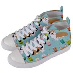 Welsh Corgi Boba Tea Bubble Cute Kawaii Dog Breed Women s Mid-top Canvas Sneakers by Wav3s