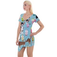 Chihuahua Bubble Kawaii Boba Tea Cute Dog Short Sleeve Asymmetric Mini Dress by Wav3s