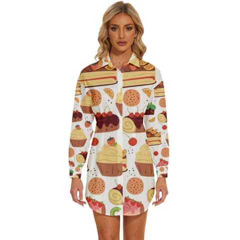 Seamless Pattern Hand Drawing Cartoon Dessert And Cake Womens Long Sleeve Shirt Dress by Wav3s