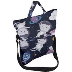 Space Cat Illustration Pattern Astronaut Fold Over Handle Tote Bag by Wav3s