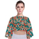 Multicolored Honeycomb Colorful Abstract Geometry Tie Back Butterfly Sleeve Chiffon Top View1