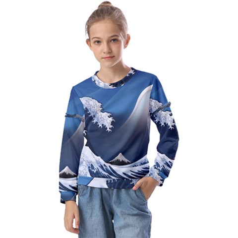 The Great Wave Off Kanagawa Kids  Long Sleeve Tee With Frill  by Grandong