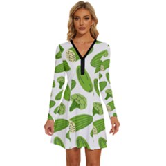 Vegetable Pattern With Composition Broccoli Long Sleeve Deep V Mini Dress  by Grandong