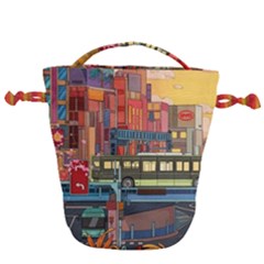 The City Style Bus Fantasy Architecture Art Drawstring Bucket Bag by Grandong
