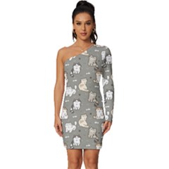 Cute Cat Pattern Cartoon Long Sleeve One Shoulder Mini Dress by Cowasu