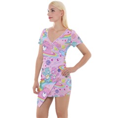 Bears Kawaii Pattern Short Sleeve Asymmetric Mini Dress by Cowasu
