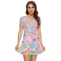 Bears Kawaii Pattern V-neck High Waist Chiffon Mini Dress by Cowasu