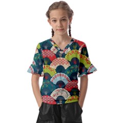 Japanese Fans Bright Pattern Kids  V-neck Horn Sleeve Blouse by Cowasu