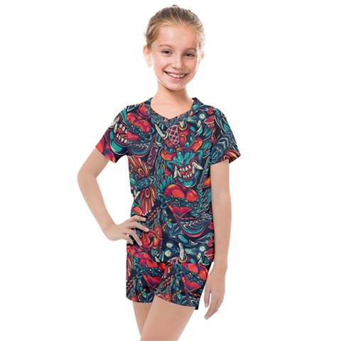 Japanese Graffiti Kids  Mesh Tee And Shorts Set by Cowasu