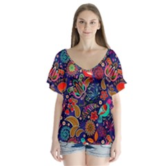 Pattern Colorful Bird Leaf Flower V-neck Flutter Sleeve Top by Cowasu