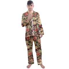 Japanese Flower Art Men s Long Sleeve Satin Pajamas Set by Cowasu