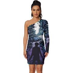 Horror Psychedelic Art Long Sleeve One Shoulder Mini Dress by Cowasu