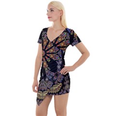 Skull Death Mosaic Artwork Stained Glass Short Sleeve Asymmetric Mini Dress by Cowasu