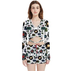 Records Vinyl Seamless Background Velvet Wrap Crop Top And Shorts Set by Bangk1t