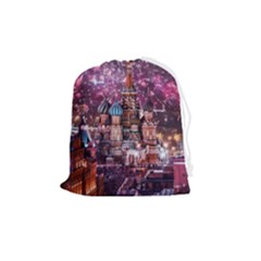 Moscow Kremlin Saint Basils Cathedral Architecture  Building Cityscape Night Fireworks Drawstring Pouch (medium) by Cowasu